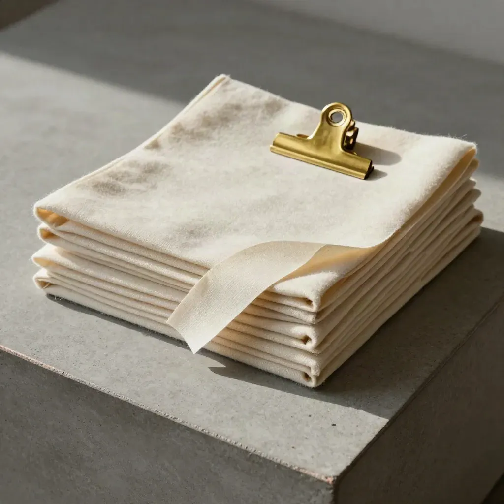 Overhead cream memo stack in wool with brass clip and linen strip on pale concrete.