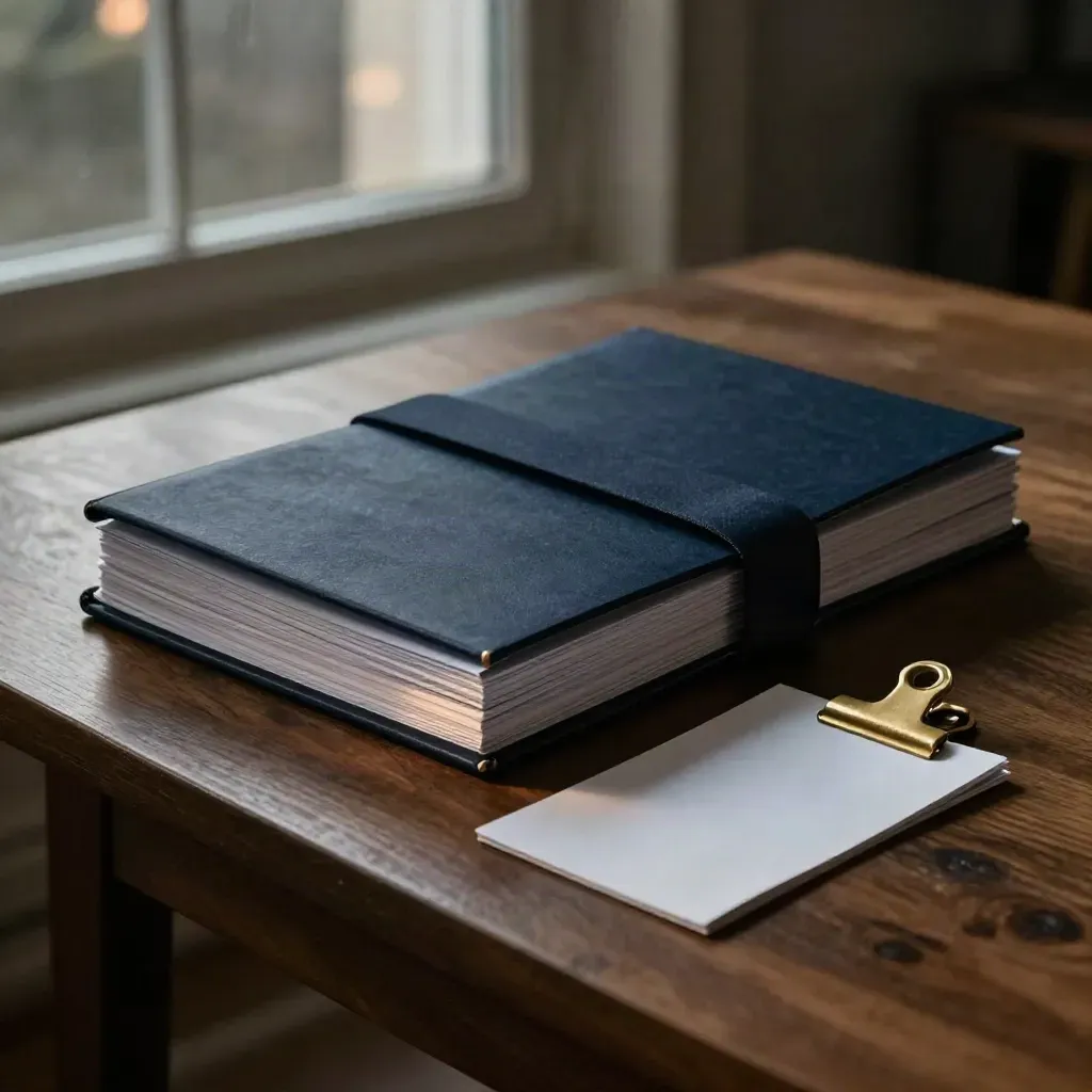 Navy deal bundle, dossiers, brass clip and blank map card on smoked oak in dramatic dusk light.