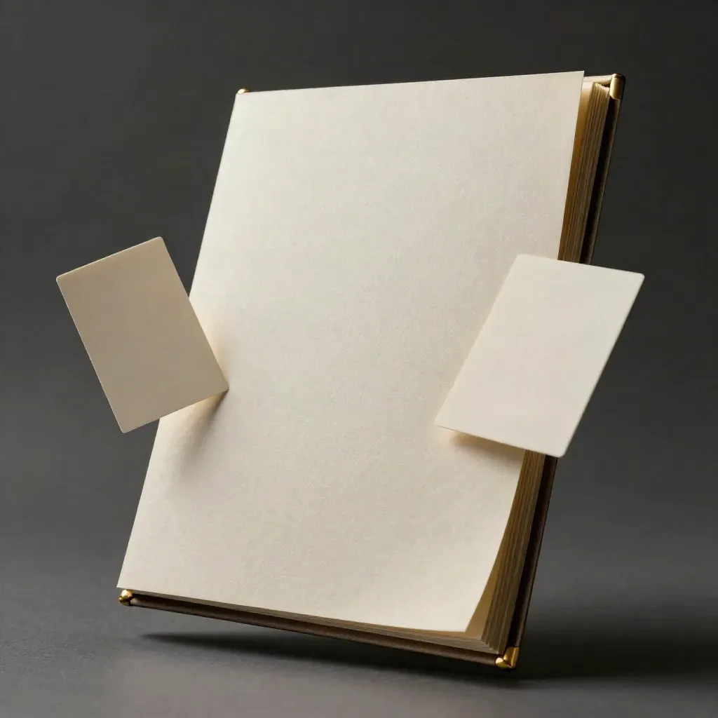 Ivory folio with brass tabs and two companion cards floating in a charcoal haze
