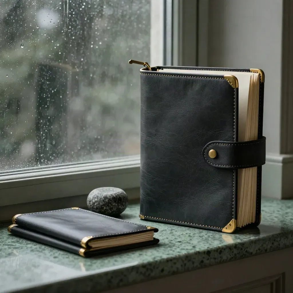 Charcoal leather deal folio with brass corners, envelope, sleeves and stone paperweight on travertine.