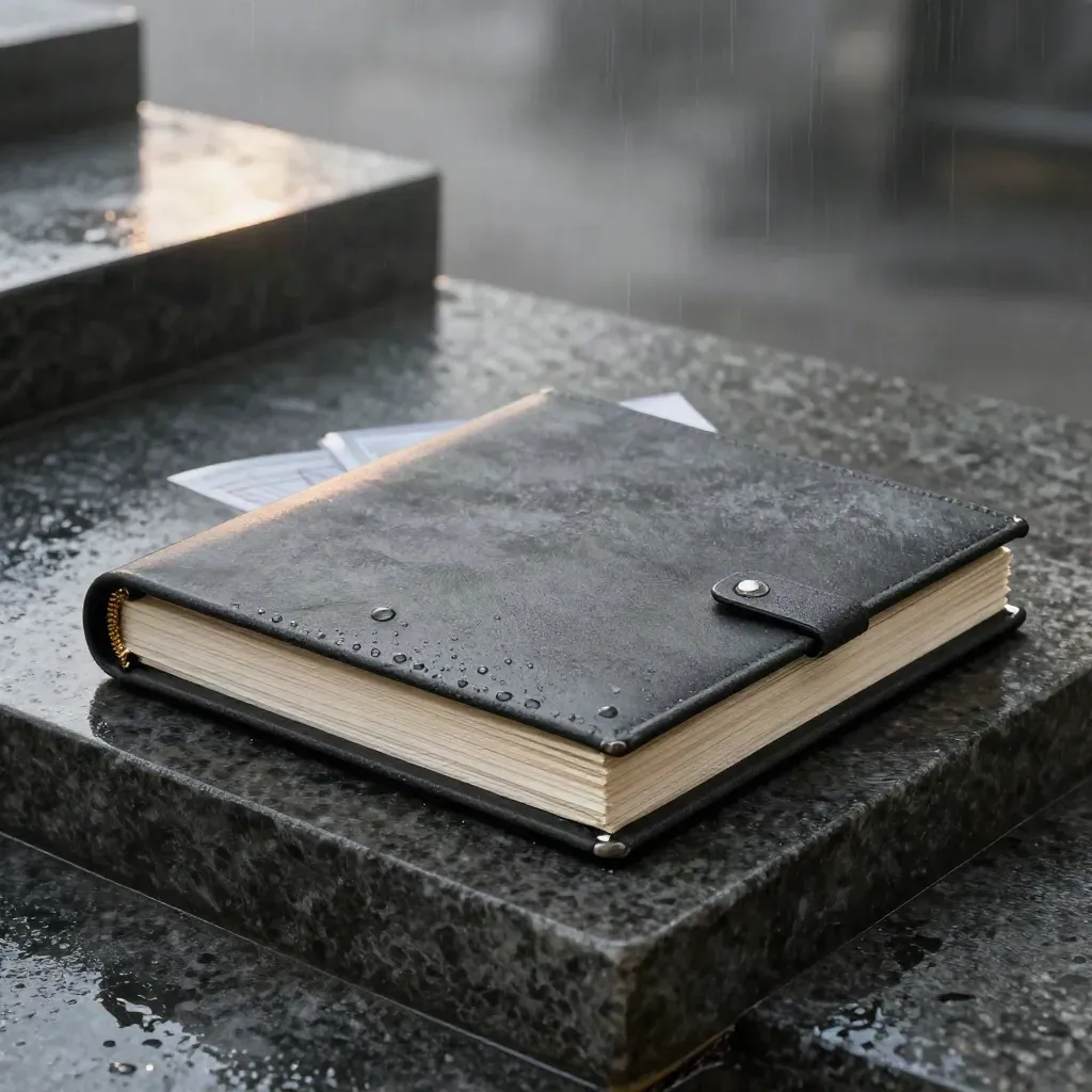 Charcoal acquisition brief on wet basalt steps with ivory dividers, sealed sleeve and stone weight.