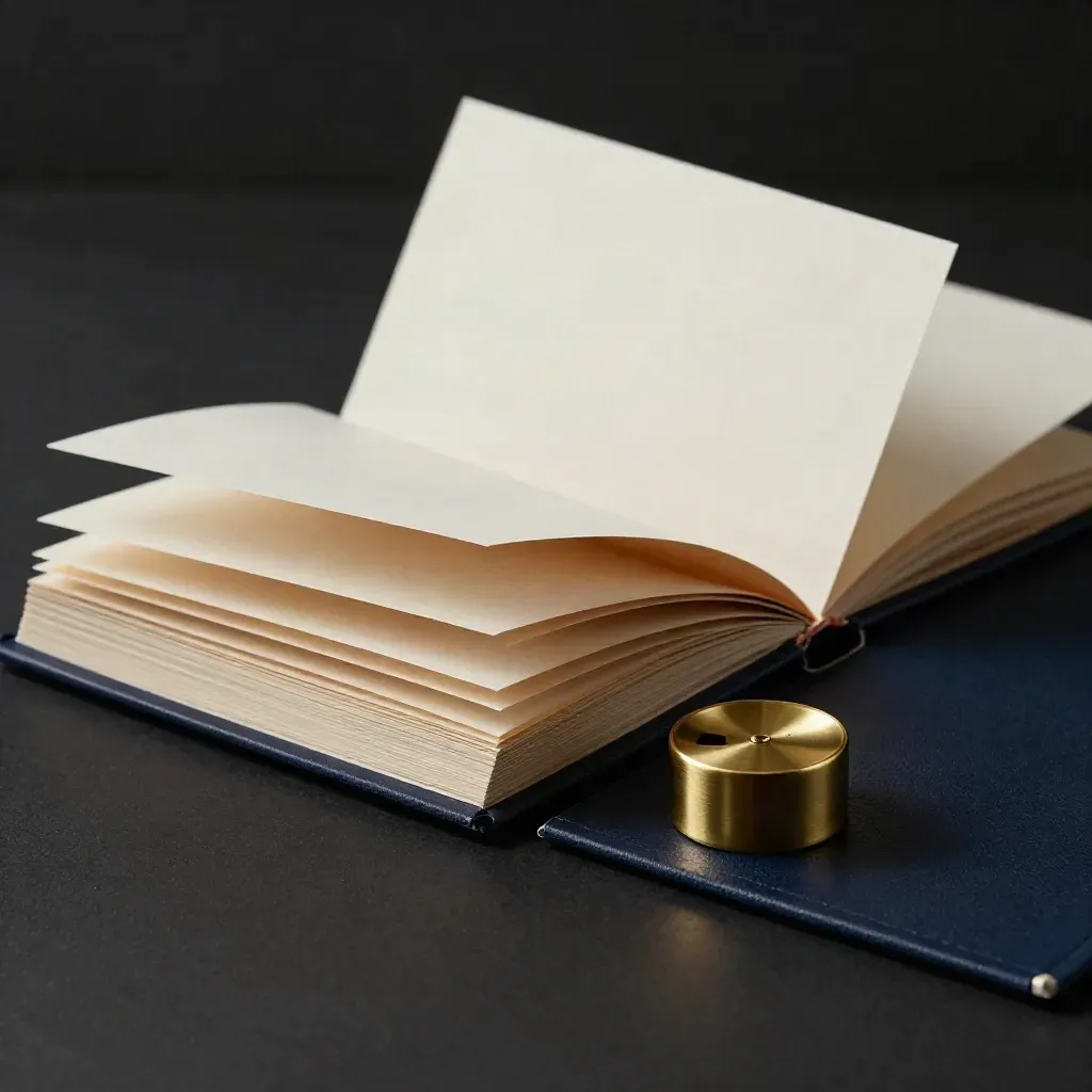 Navy investor update kit with brass weight and pale oak sleeve in a dark studio.