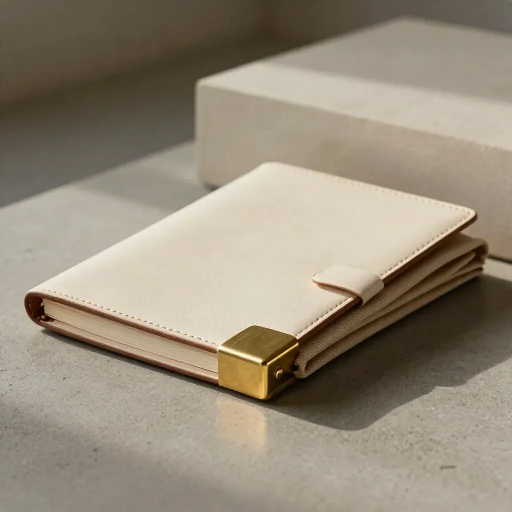 Cream deal folio with linen wrap and brass corner on brushed concrete, softly lit.