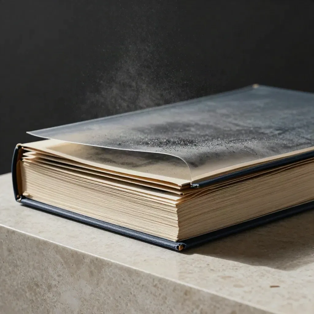 Charcoal exit-plan binder opened in macro detail with vellum, tabs and stone dust