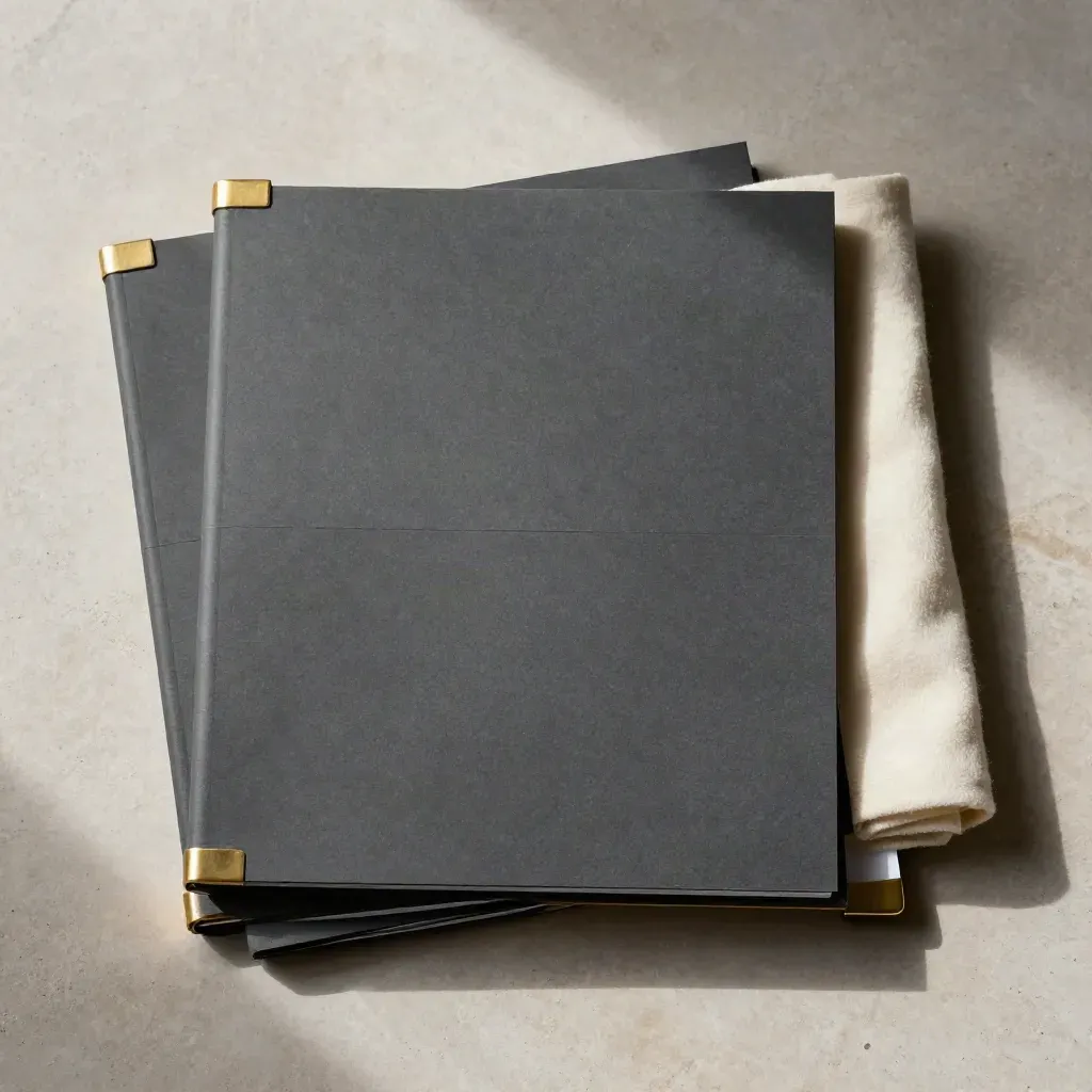 Overhead flatlay of a graphite audit folio with brass corners and a folded cloth on stone.