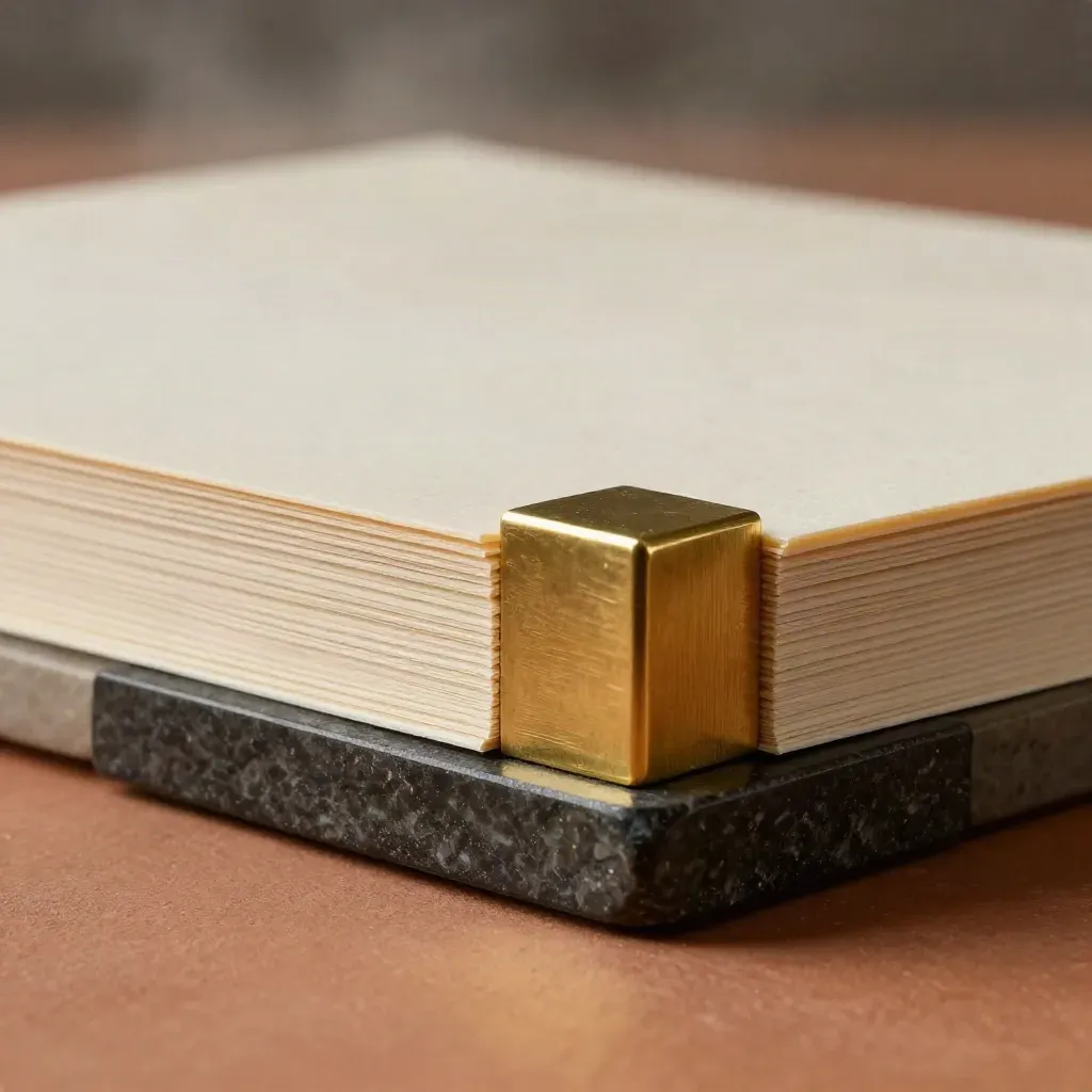 Ivory board pack with brass block on dark stone, lit as a premium studio macro hero.