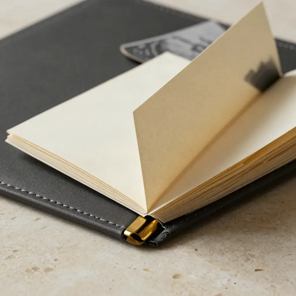 Charcoal founder-raise folio opening on travertine with brass edge guard and cream memo booklet.