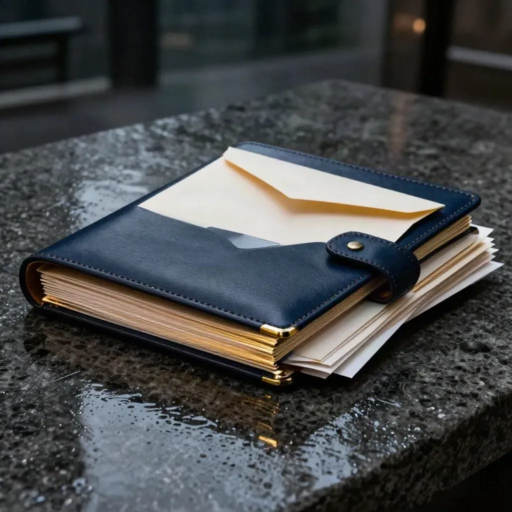 Brass-edged folders and a glowing envelope on wet basalt under dramatic blue-black light