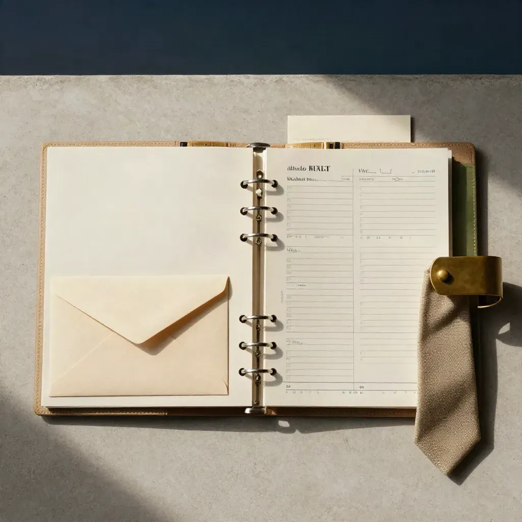 Overhead flatlay of an ivory exit-readiness binder, cards, sealed envelope and linen tie on concrete.