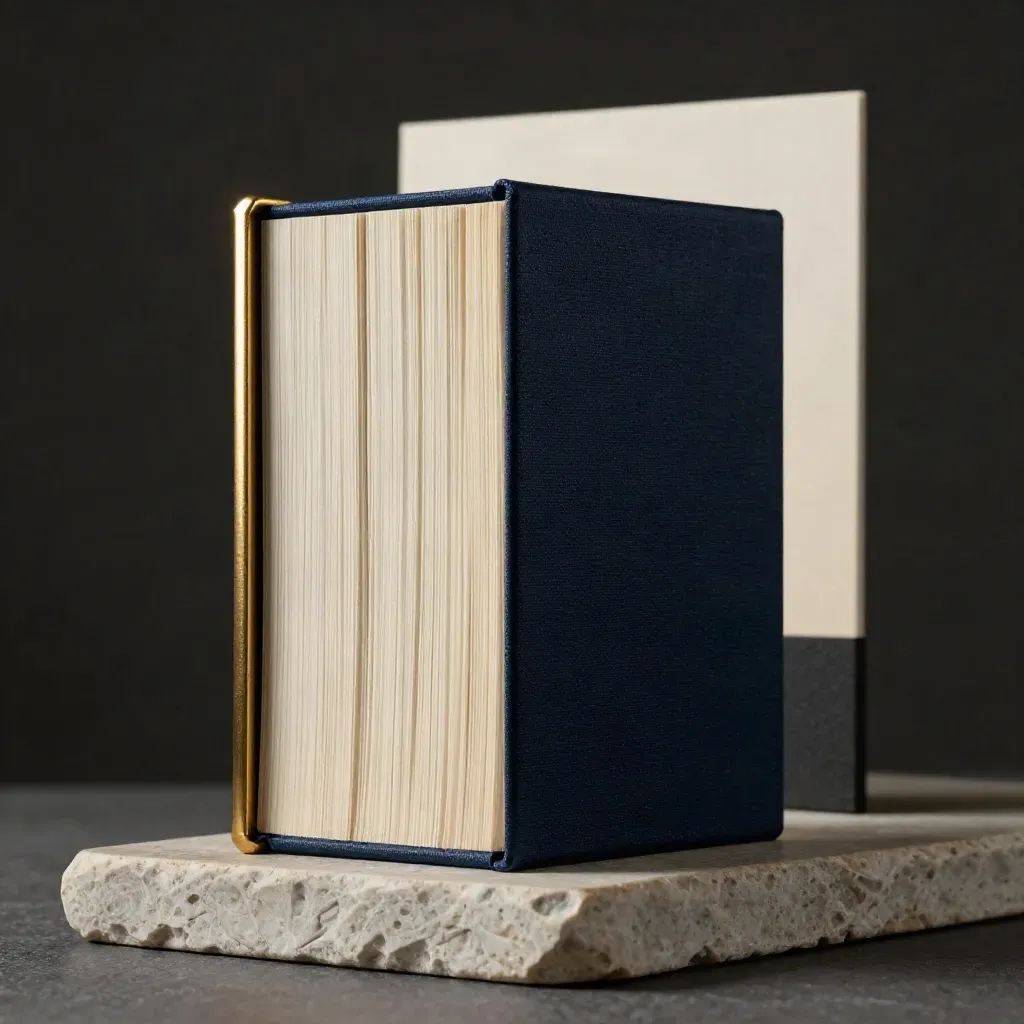 Navy lender-pack folio with brass corner and stone block in dramatic studio light.