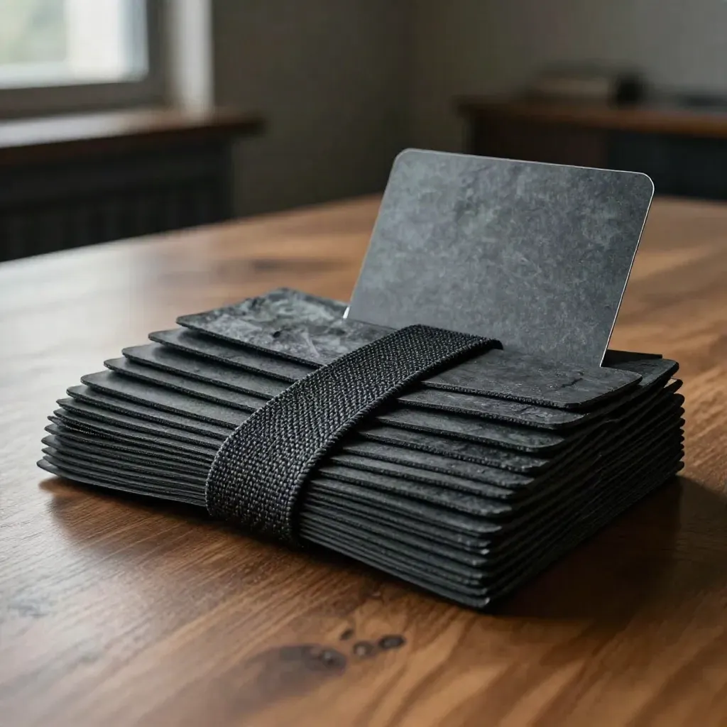 Charcoal board-pack sleeves and a fabric band on brushed oak in dramatic dim light.