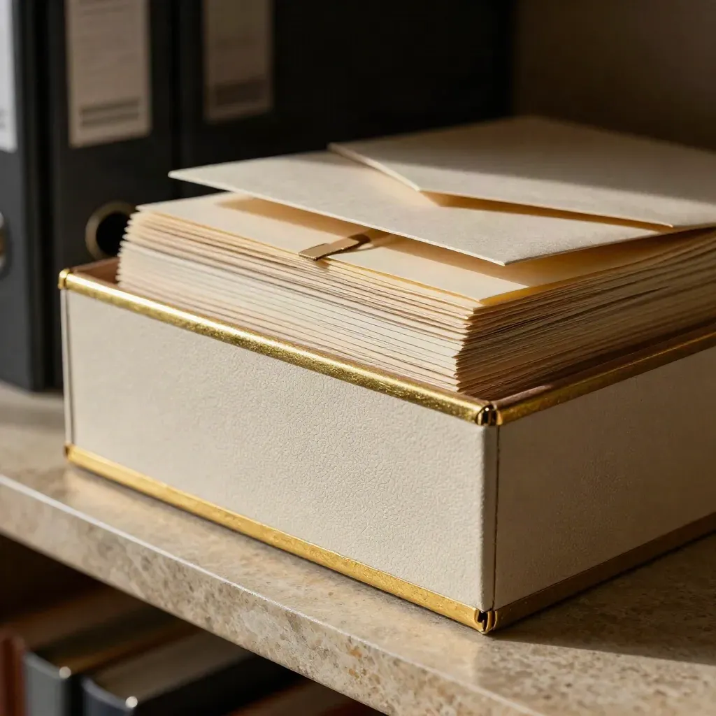 Macro gold-accented archive box with fanned tabs, cards, and envelope on limestone.