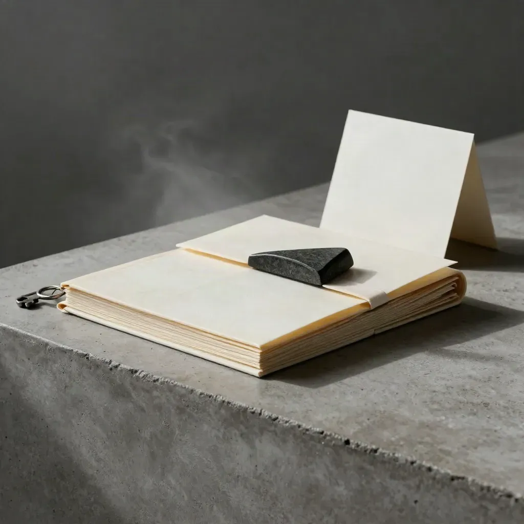 Ivory private-deals folio with stone wedge and linen on concrete in soft misty light.