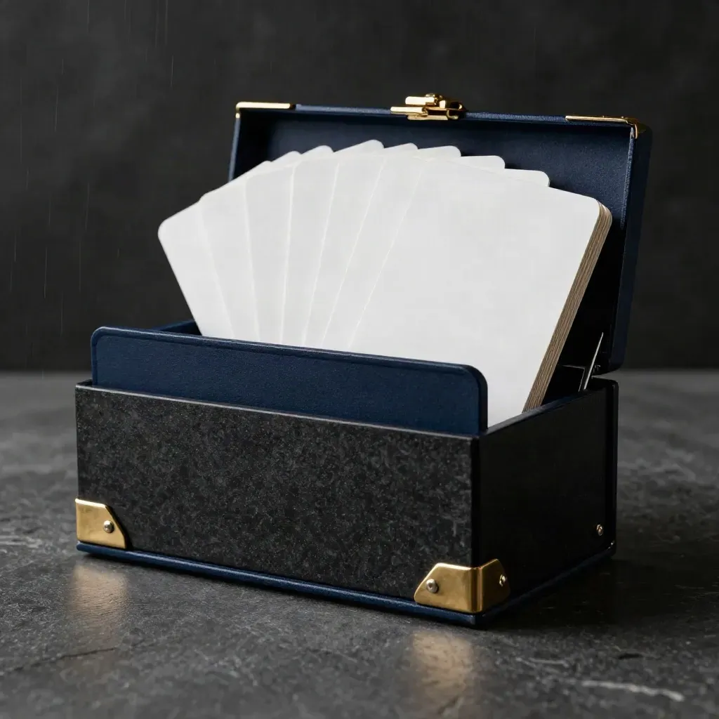 Navy exit-plan kit with brass corner, layered blank cards, and black stone under soft studio light.