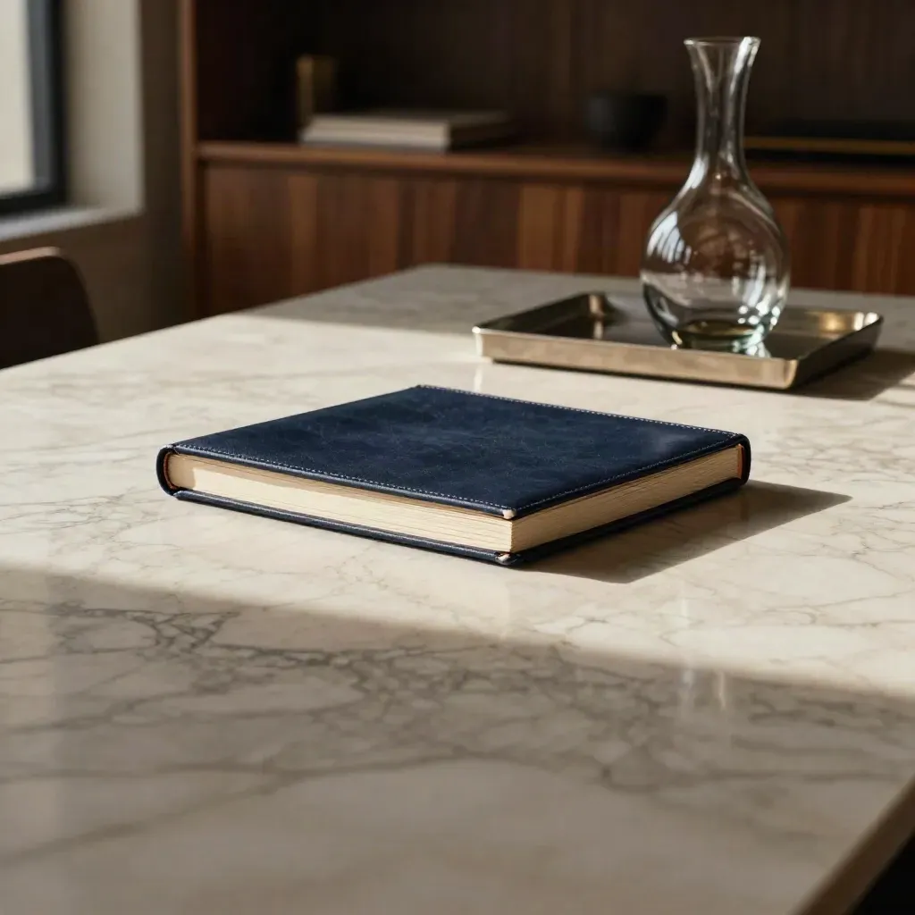Cream marble boardroom surface with leather deal folios and soft morning light