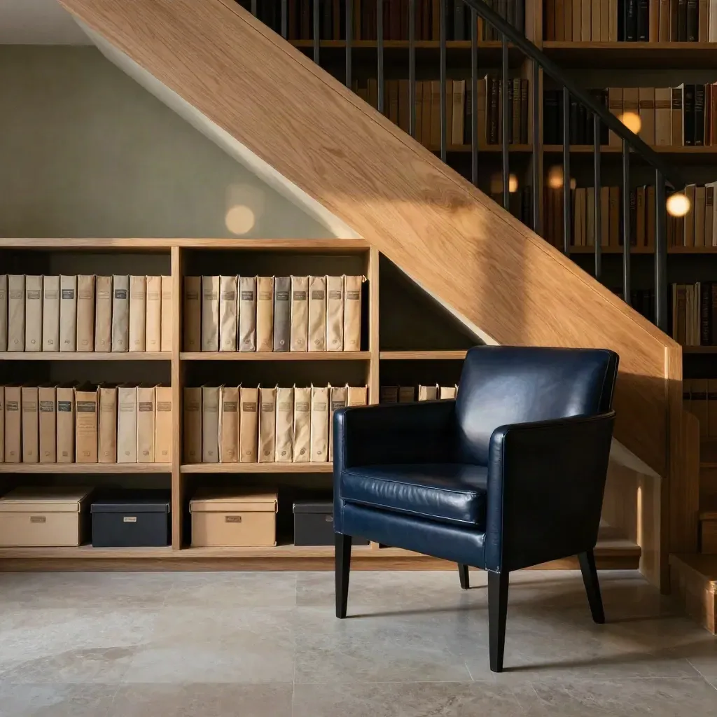Warm oak library alcove with navy leather chair silhouette and portfolio folders in soft light
