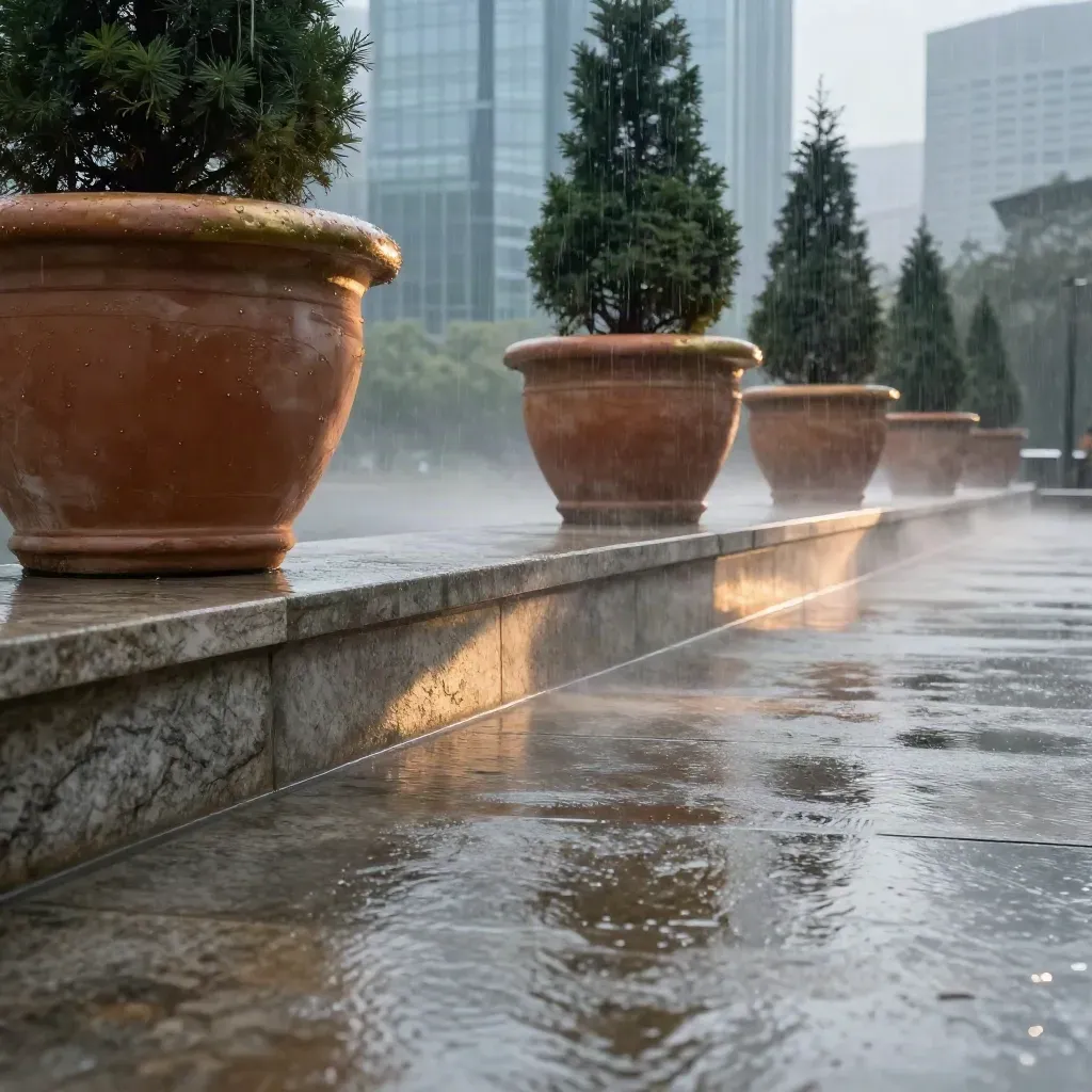 Rain-wet limestone terrace with terracotta planters and glass towers in mist