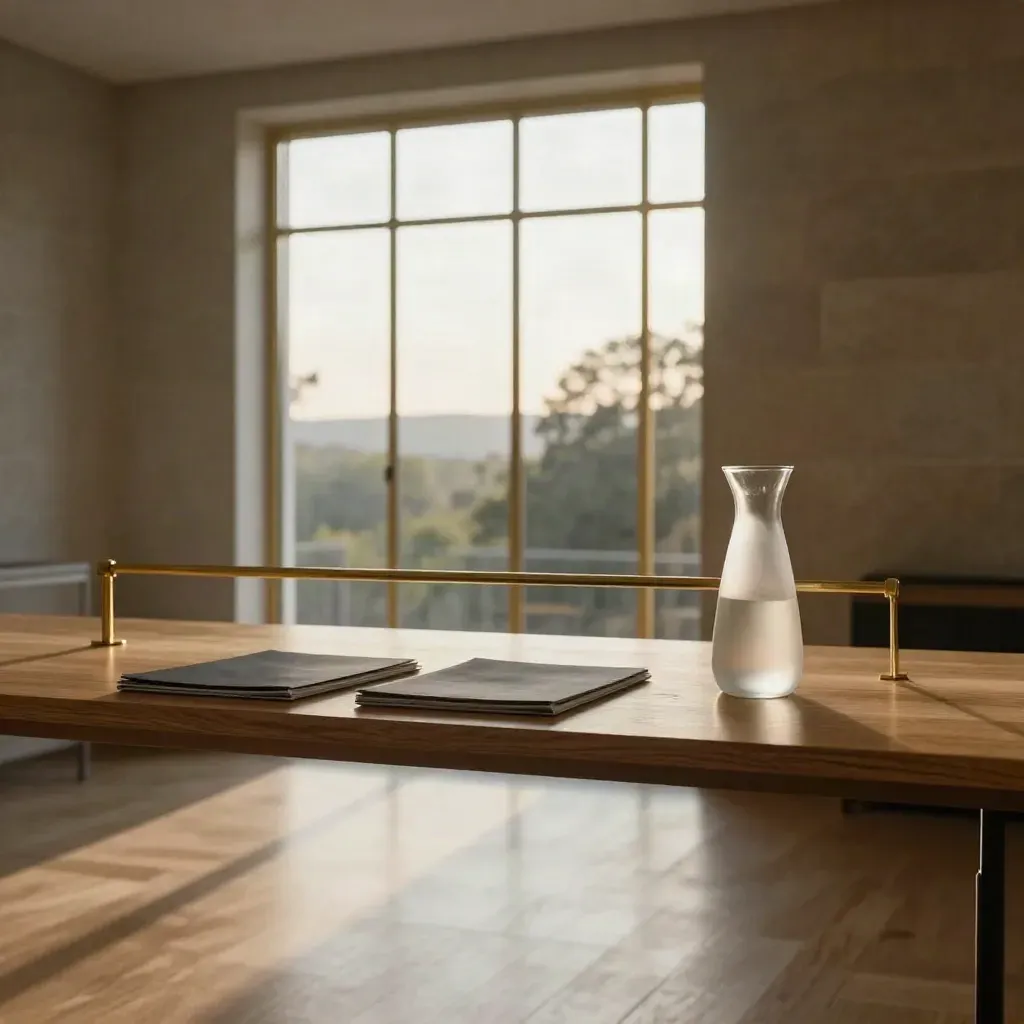 Warm oak investor-relations boardroom with gold windows, stone wall, and calm copy space.